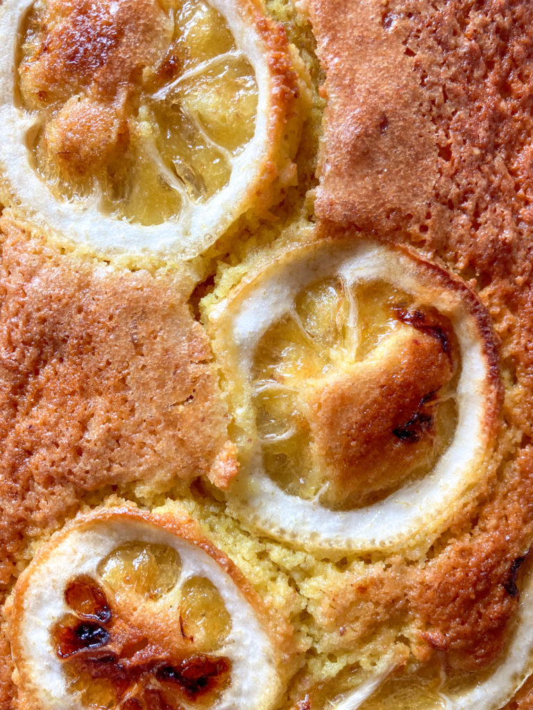 up close caramelized lemons on the baked loaf cake