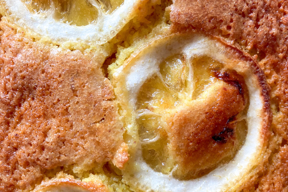up close caramelized lemons on the baked loaf cake