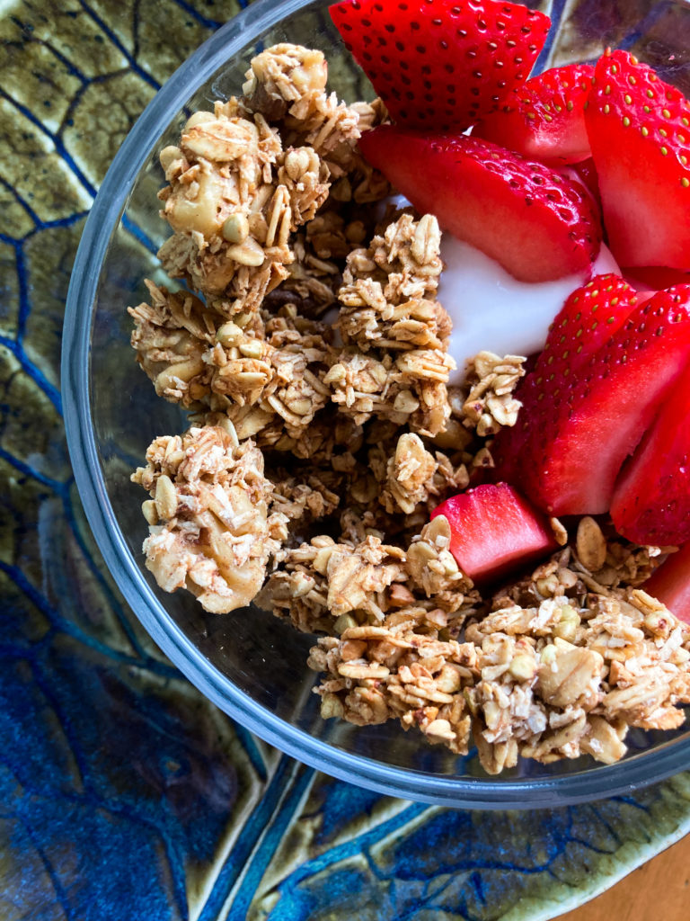 Banana bread granola with strawberries and Greek yogurt