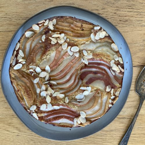 pear cake on a wood table